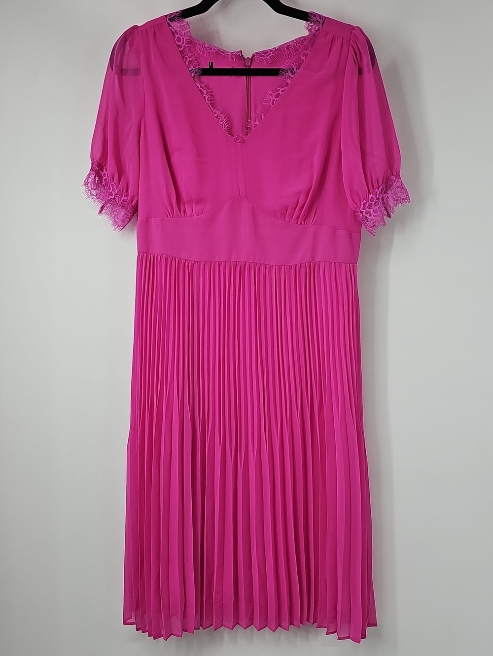 Talbots Hot Pink Pleated Midi Dress with Lace Trim